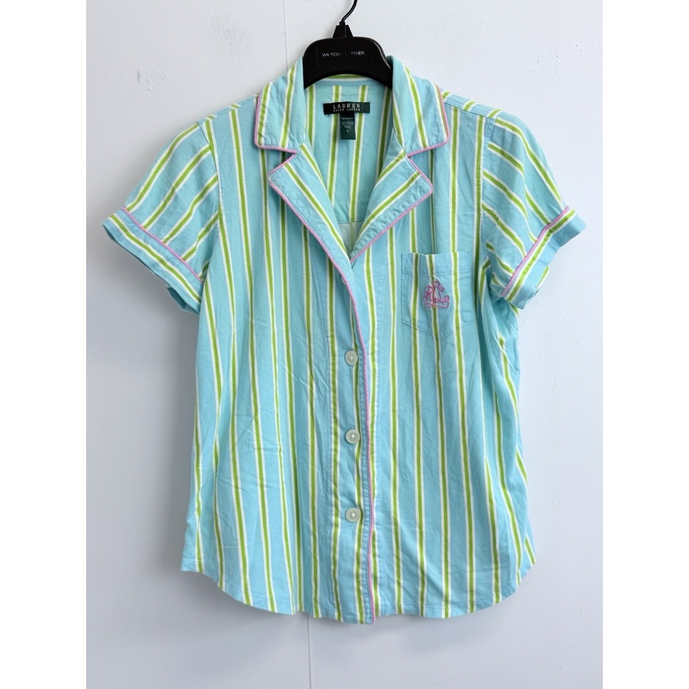LAUREN RALPH LAUREN Women's L Blue Striped Pajama Top Short Sleeve Logo Pocket